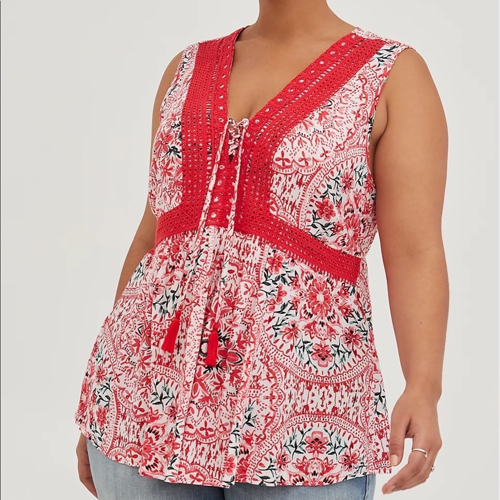 Torrid BABYDOLL CRINKLE GAUZE CROCHET INSET LACE-UP TOP 5X
